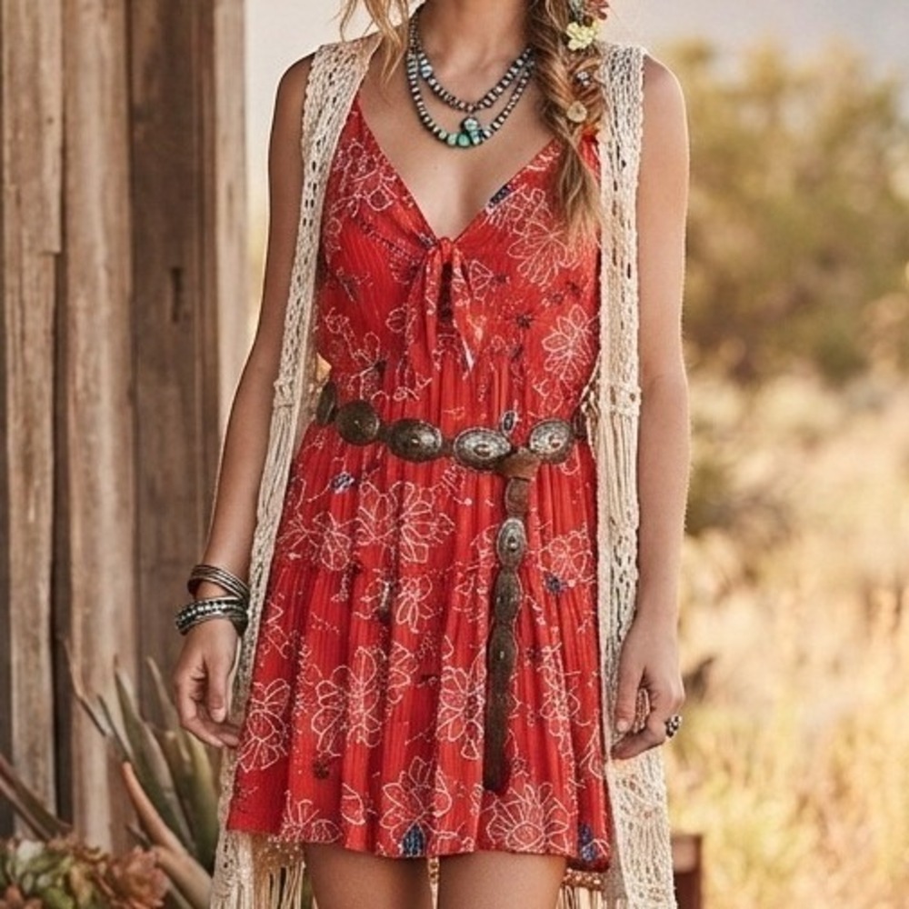 Angie Dress Womens Large Red Floral Boho Maxi Sun Print Hippie Festival Rayon